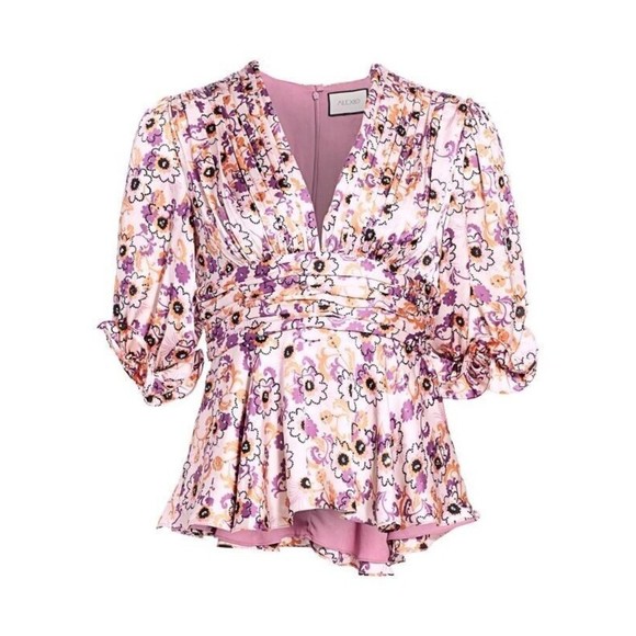 ALEXIS Tops - Alexis Prema Lilac Floral Top M Medium Sequin Satin Blouson Sleeve Coquette